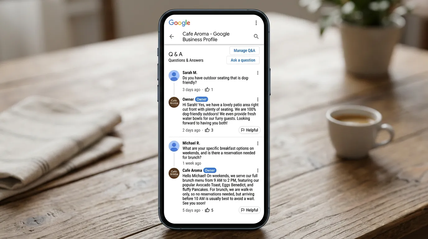 Google Business Profile Q&A section showing customer questions answered by business owner with helpful responses