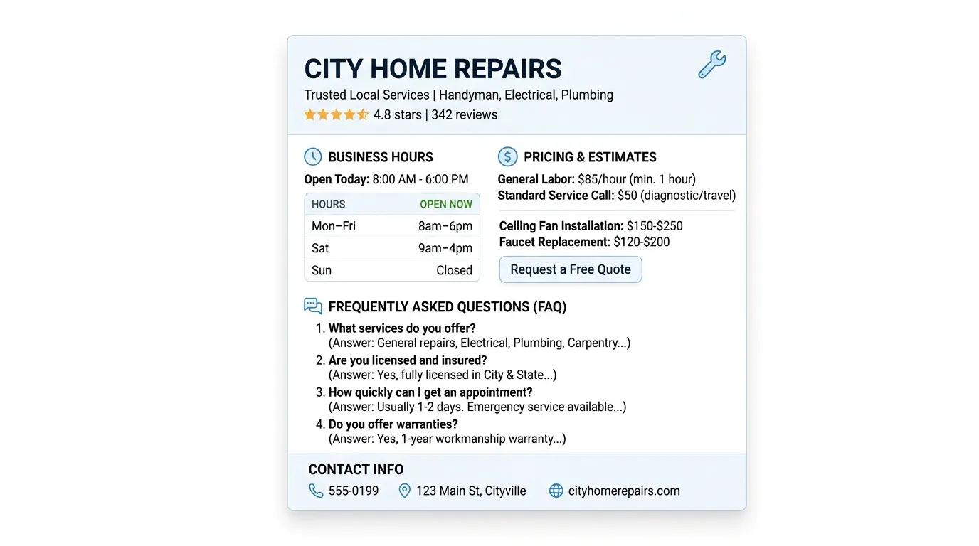 Knowledge panel showing answered service business questions about pricing hours and services available