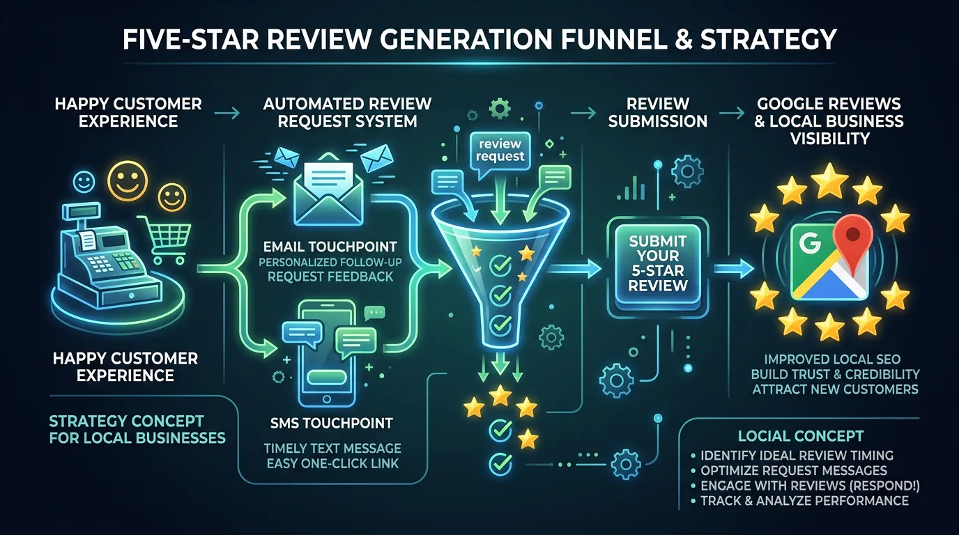 Five star review generation funnel showing automated review request system with email and SMS touchpoints