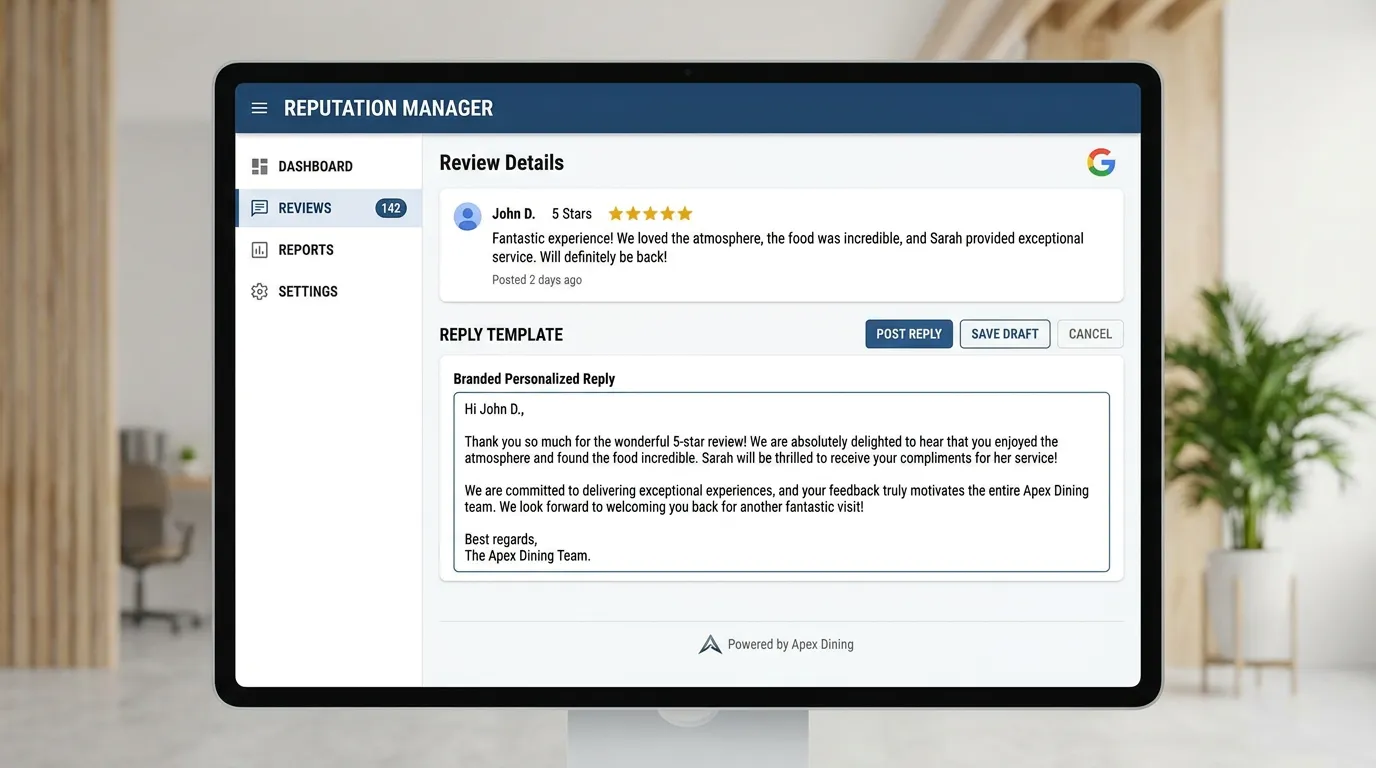 Professional review response template showing business replying to a 5-star Google review