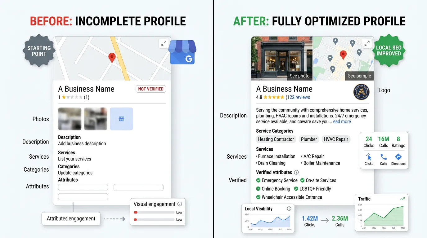 Before and after GBP showing sparse versus fully optimized business profile with complete description and services