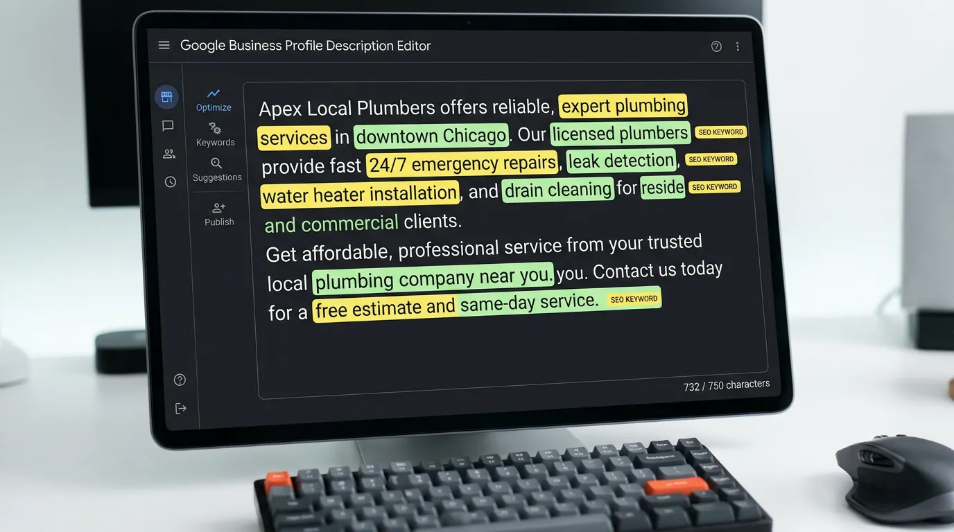 Keyword-rich business description being optimized for Google Business Profile with highlighted SEO terms