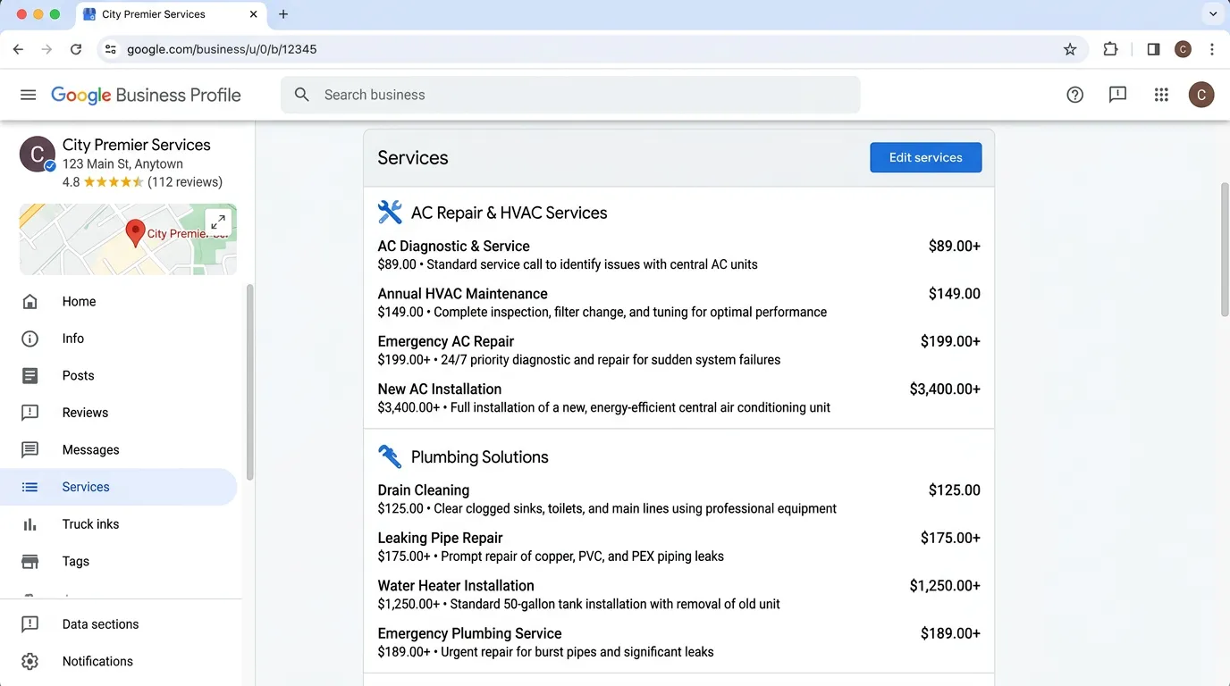 Google Business Profile services section showing optimized service categories with descriptions for local SEO