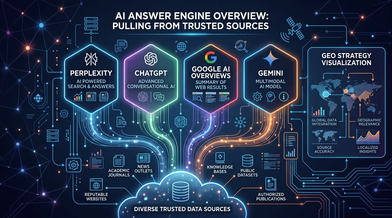 AI answer engines overview showing ChatGPT Perplexity and Google AI Overviews connected by data streams