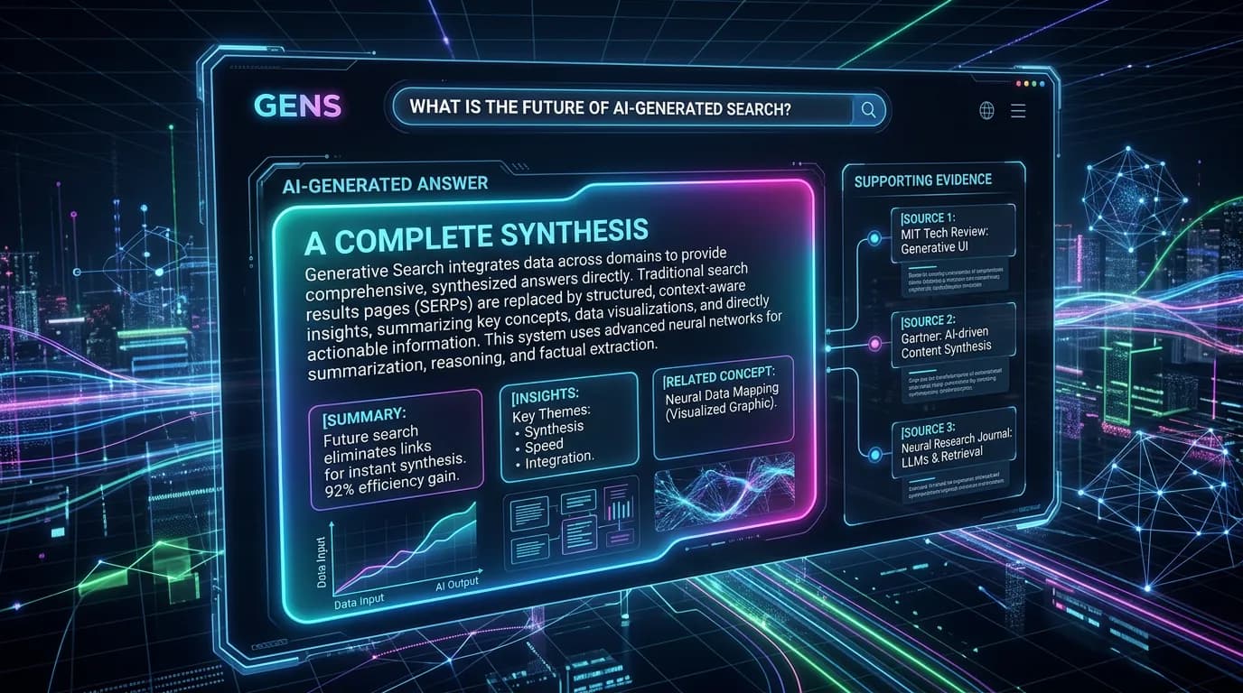 Future of search visualization showing AI-generated answers replacing traditional search result pages