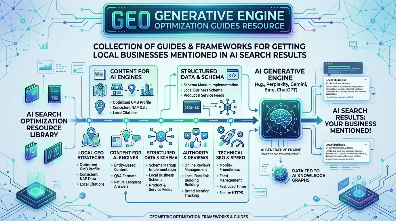 GEO generative engine optimization guides showing collection of guides for getting local businesses in AI search results