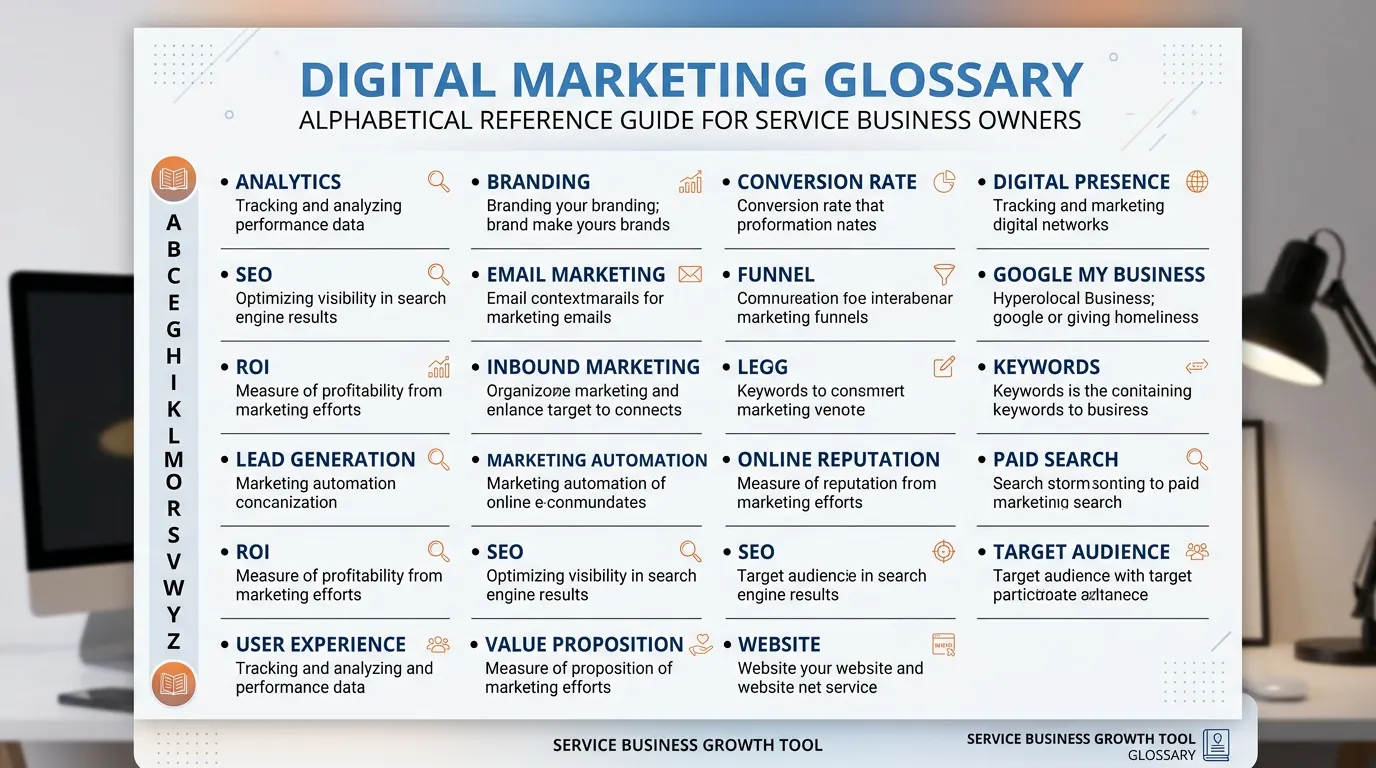 Digital marketing glossary showing alphabetical list of marketing terms defined for service business owners