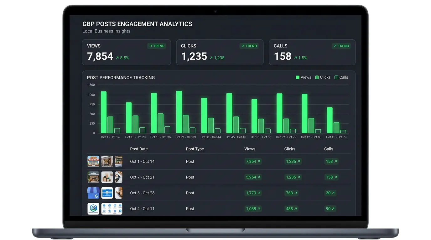 Google Posts engagement analytics showing views clicks and calls generated from GBP post strategy