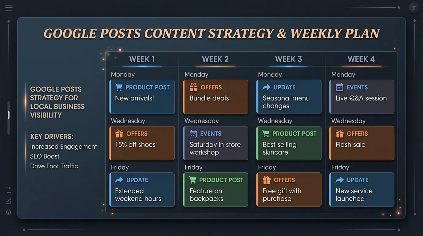 Google Posts strategy monthly calendar showing offers updates events and product posts for local business