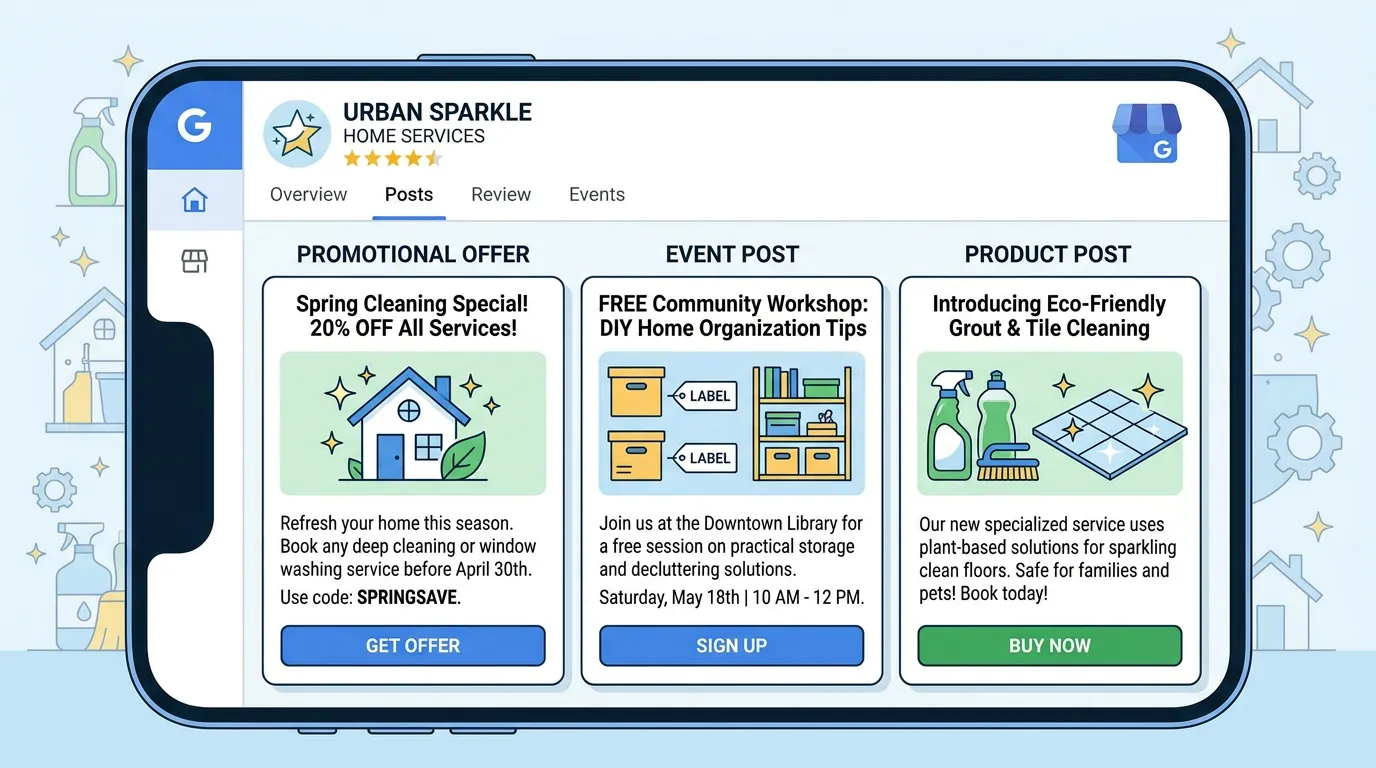 Google Posts types showing promotional offer event and product posts for local service businesses