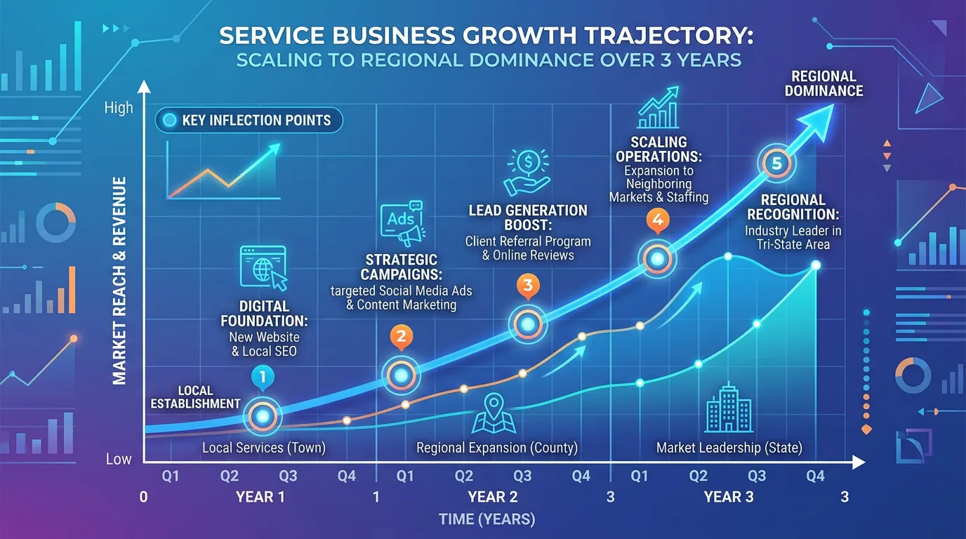 Service business growth trajectory chart showing scaling through strategic digital marketing