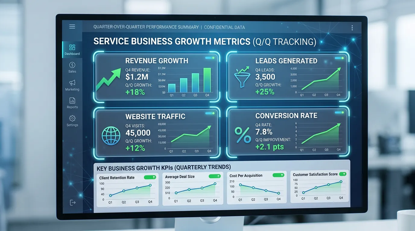 Growth metrics scorecard for service businesses showing revenue leads and conversion improvements