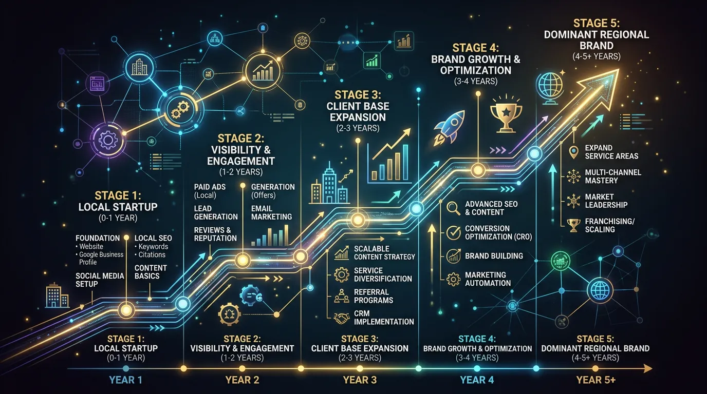 Service business digital marketing growth strategy showing path from local to regional dominance