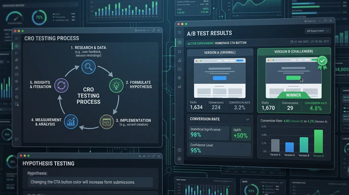 CRO A/B testing process showing hypothesis testing and implementation cycle with winner version metrics