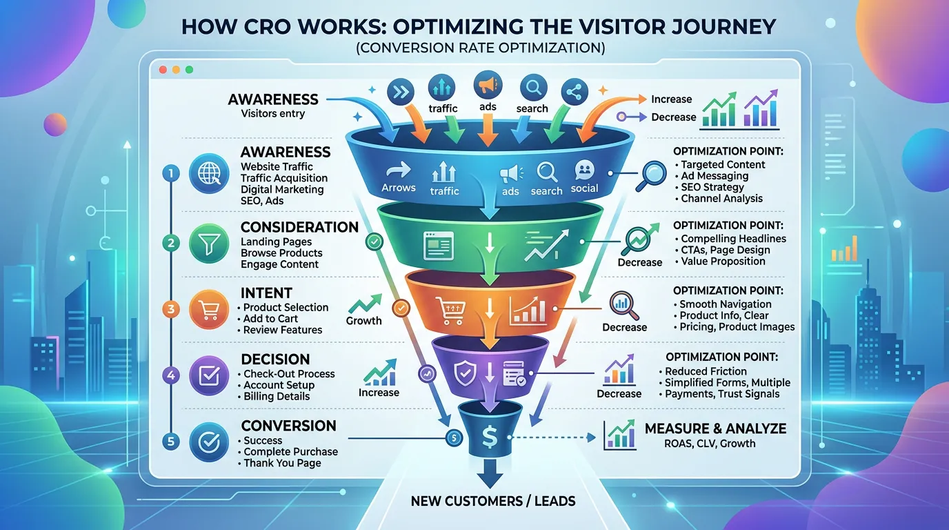 How CRO works diagram showing website visitor funnel with optimization points at each stage for service businesses
