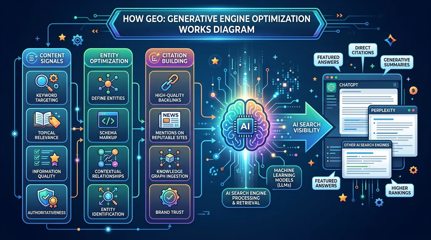 How GEO works diagram showing content signals entity optimization and citations feeding into AI search engines
