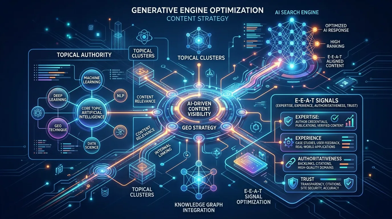 GEO content strategy showing E-E-A-T signals being optimized for AI search visibility