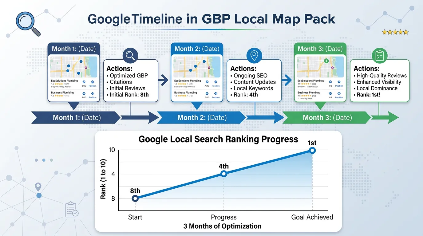 Timeline illustrating how a Google Business Profile ranking can move over three months