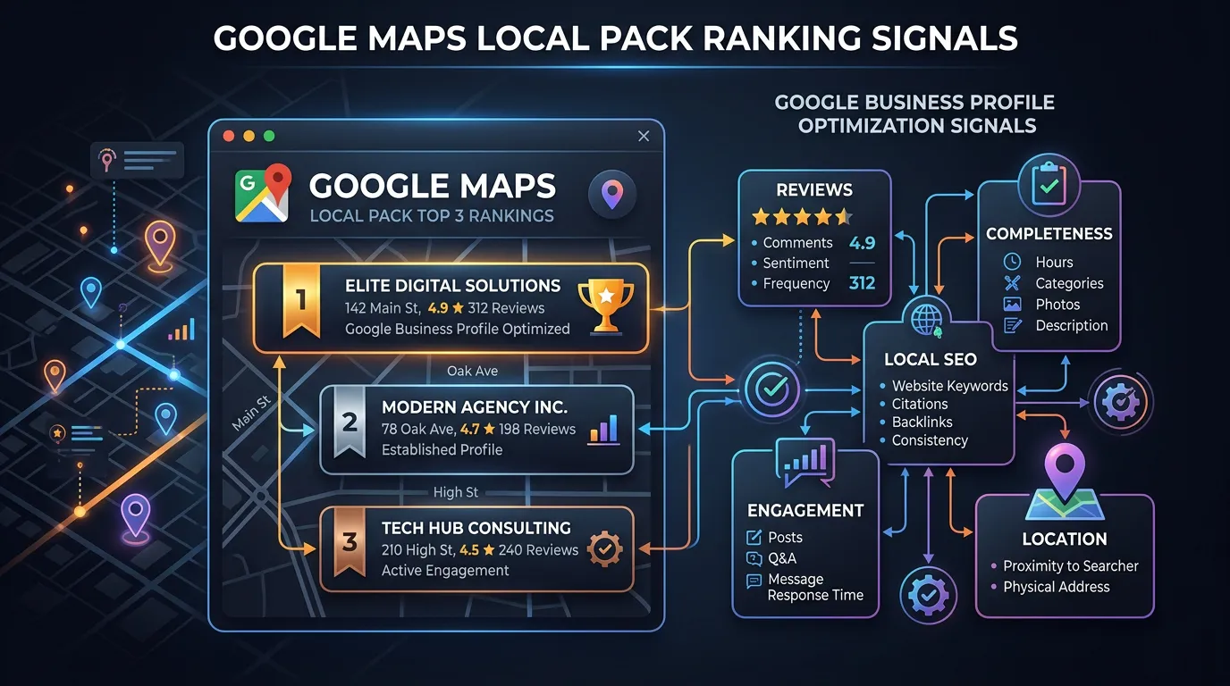 Google Maps local pack showing top 3 positions and optimization signals influencing which business ranks