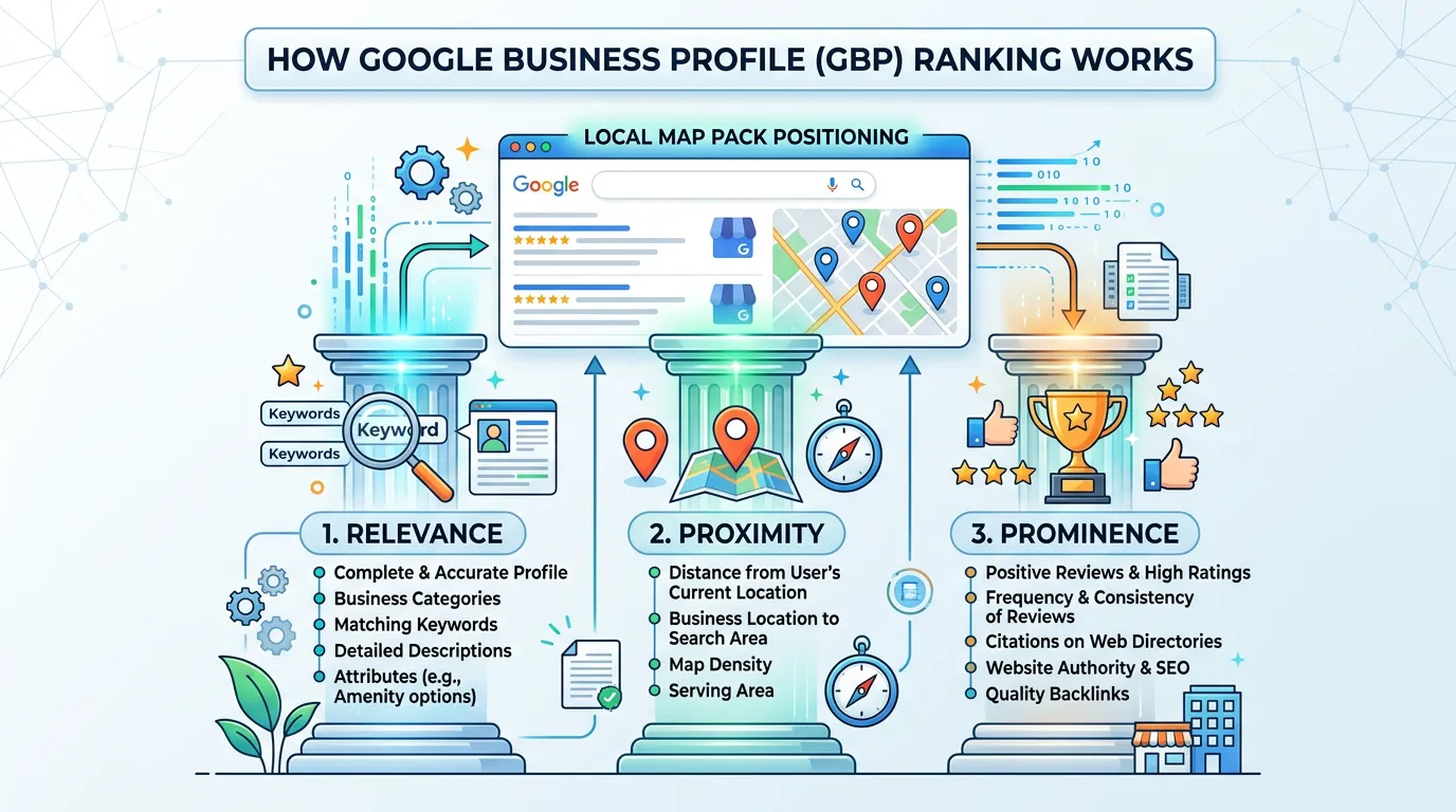 How GBP ranking works showing three factors proximity relevance and prominence as pillars for local map pack position