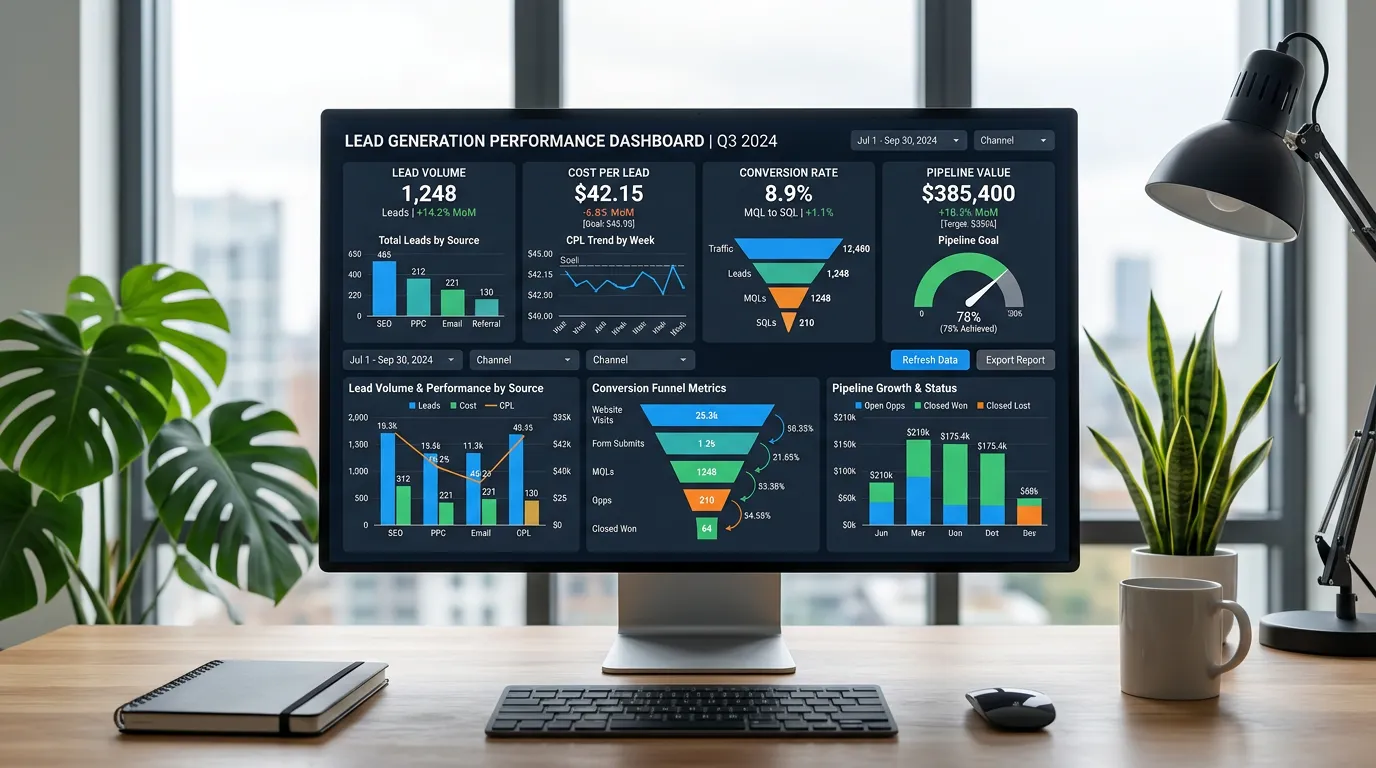 Lead generation metrics dashboard showing lead volume cost per lead conversion rate and pipeline value