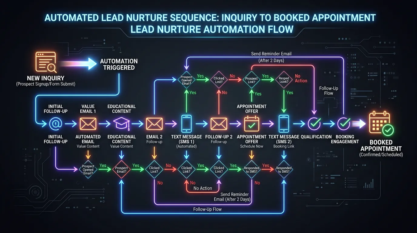 Lead nurturing automation showing follow-up emails and texts moving prospect from inquiry to booked appointment