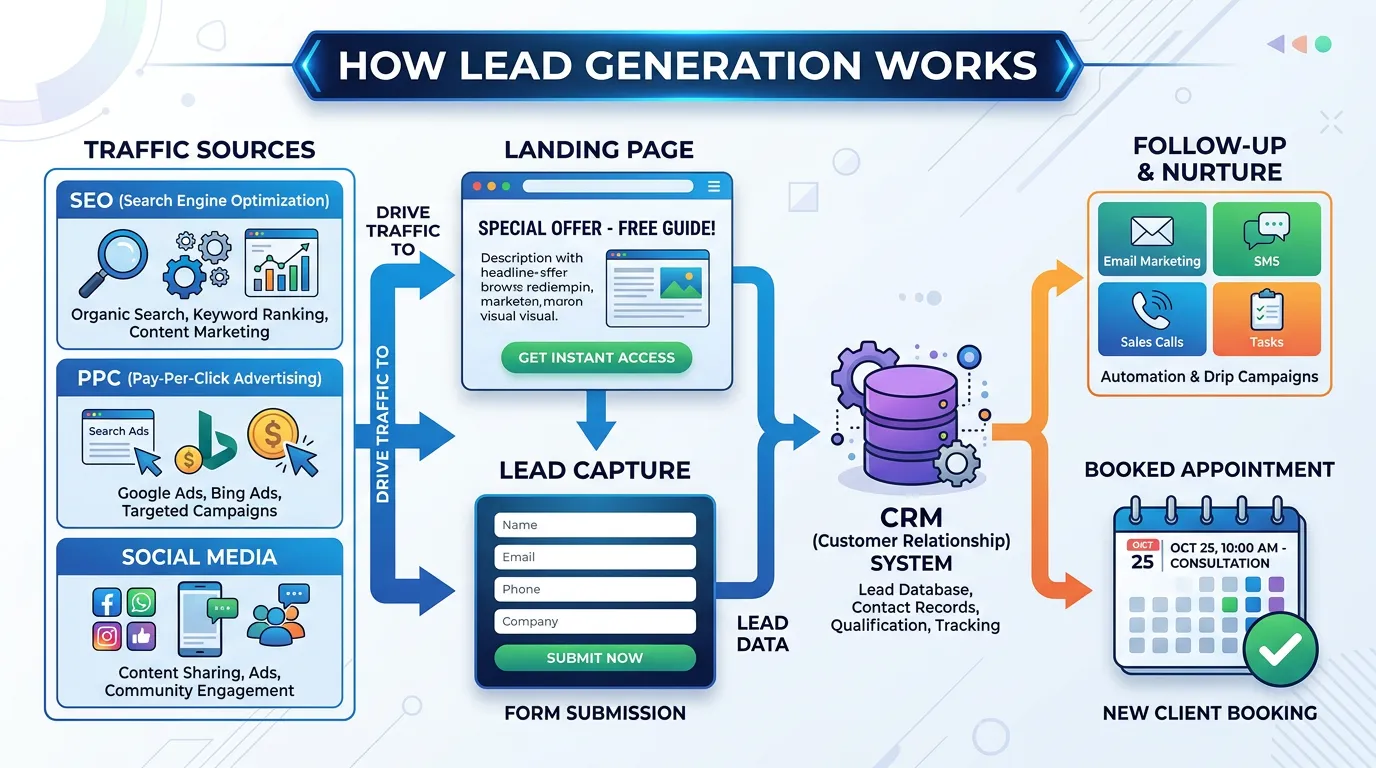 How lead generation works diagram showing SEO PPC social traffic flowing to landing page form CRM and appointment