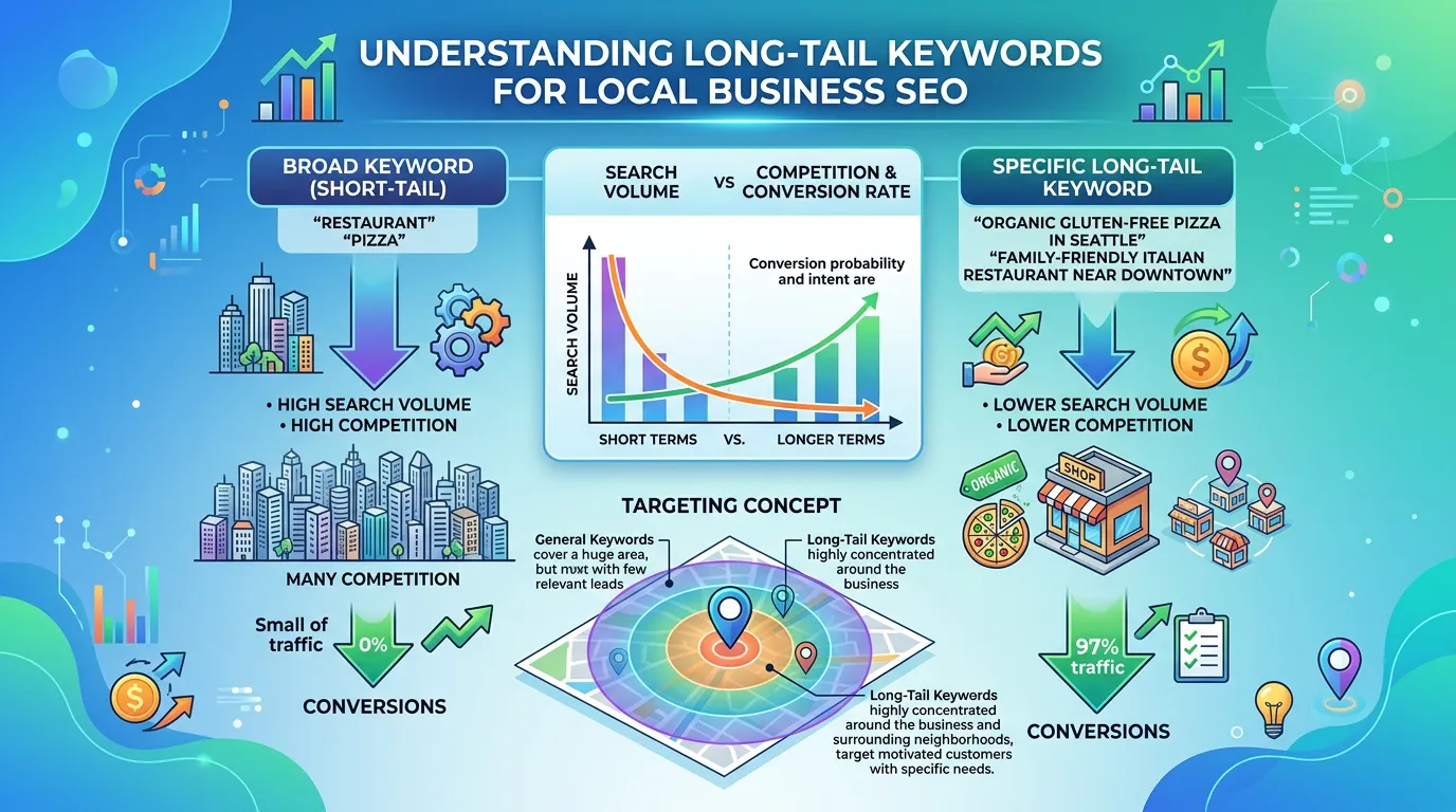 How long tail keywords work diagram showing broad vs specific keyword search volume and competition chart