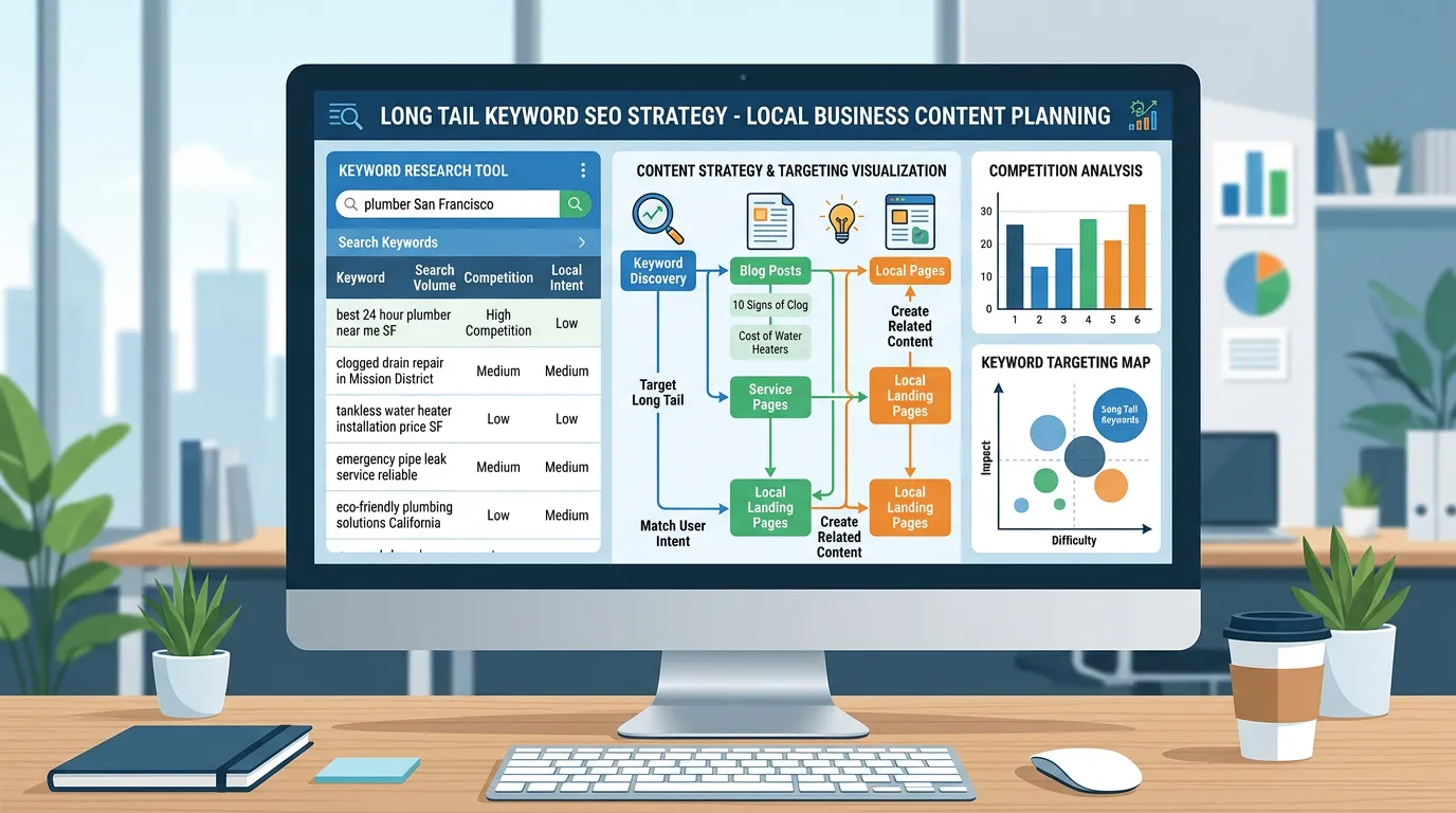 Long tail keyword SEO strategy showing keyword research tool with specific service keywords for local content