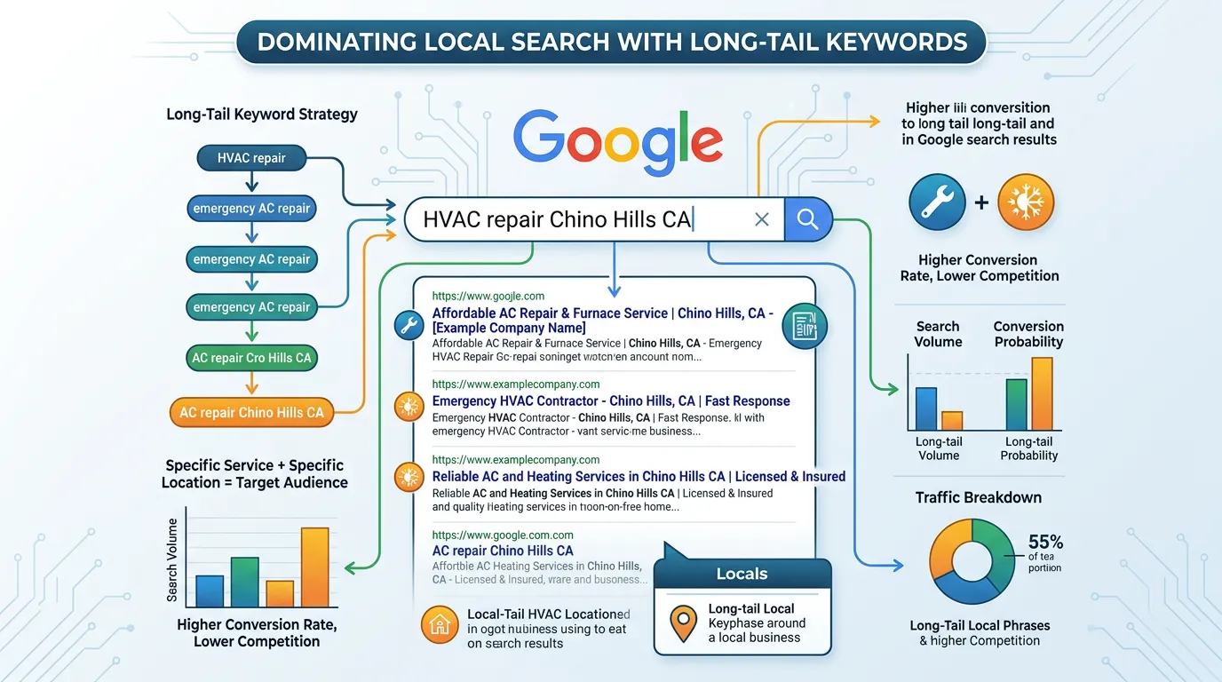 Long tail keyword examples showing specific service plus location keywords ranking in Google for local business