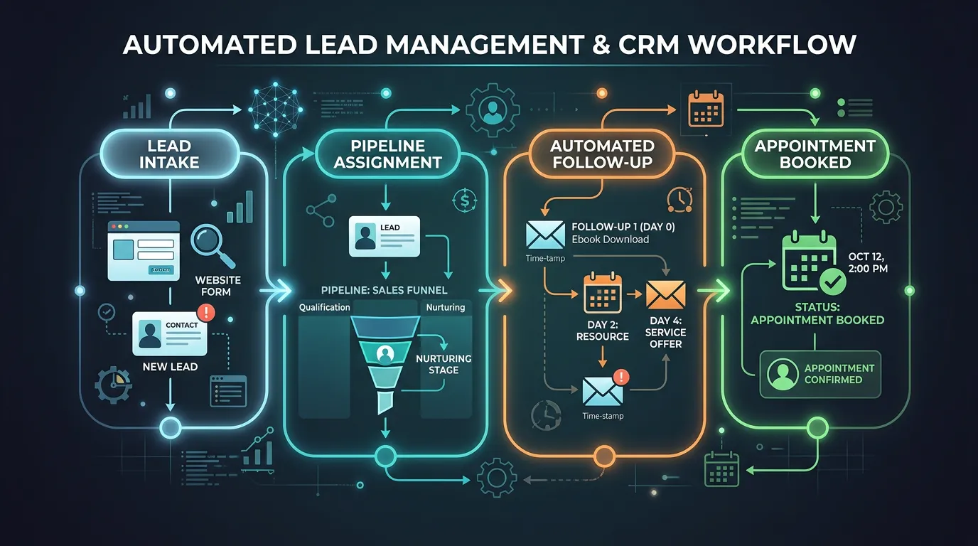 Marketing automation CRM showing lead assigned to pipeline receiving automated follow-up to appointment booked
