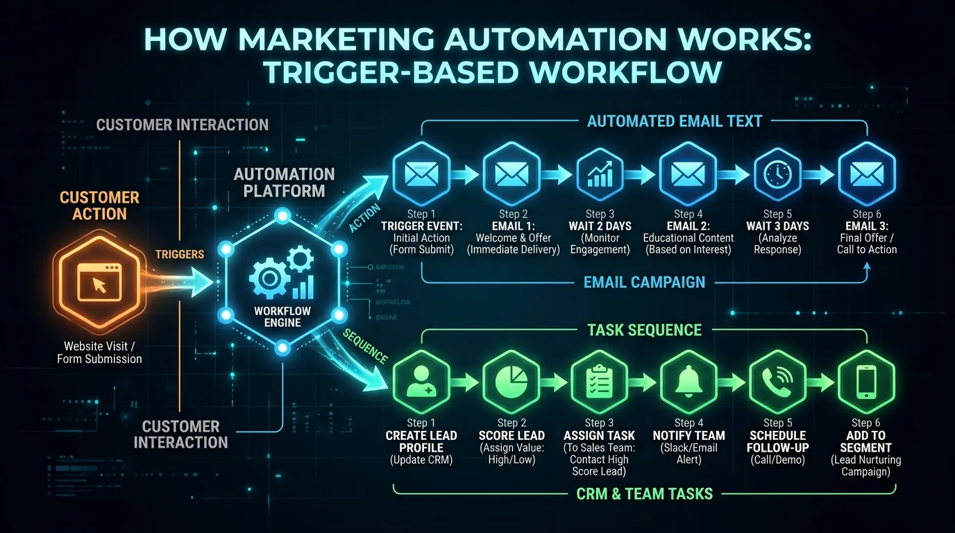 How marketing automation works showing trigger-based workflow where action triggers automated email text sequence