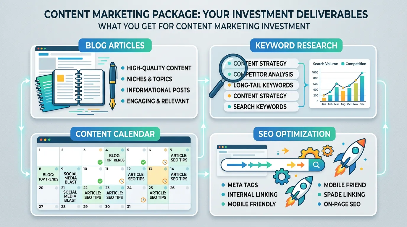 Content marketing deliverables showing blog articles keyword research and editorial calendar included in package