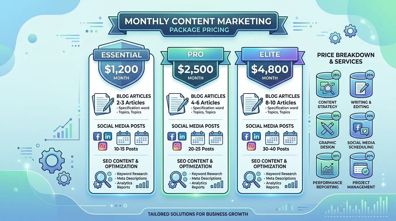 Content marketing cost showing monthly package pricing for blog articles social posts and SEO content