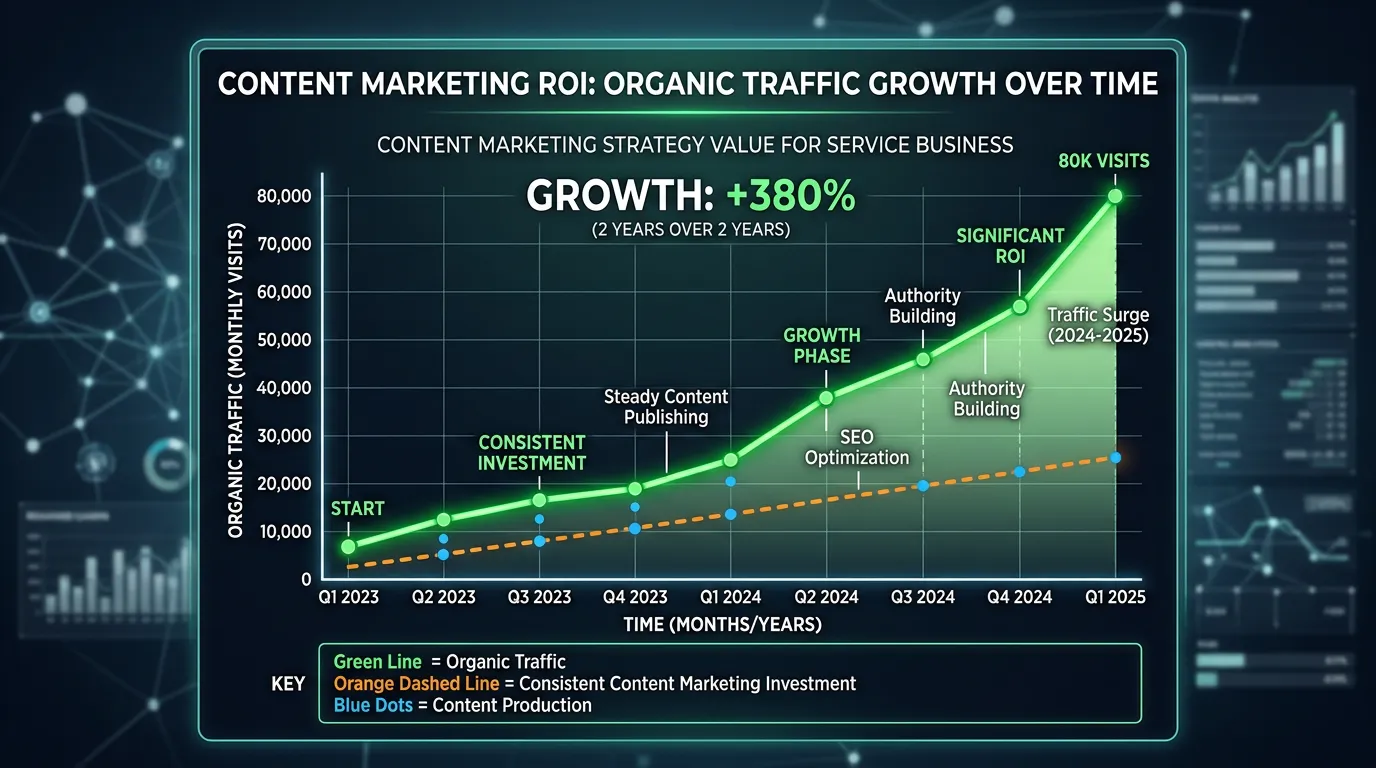 Content marketing ROI graph showing organic traffic growth over time from consistent content investment