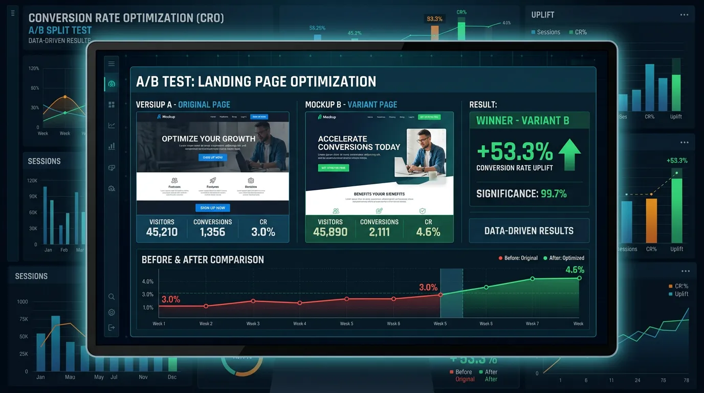 CRO A/B test split showing two landing page versions with conversion rate improvement result