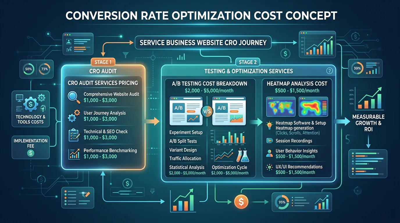 CRO audit and testing services pricing showing A/B testing and heatmap analysis cost breakdown for service business