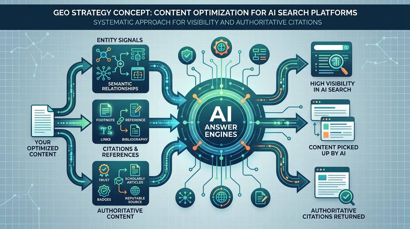 GEO content optimization strategy with entity signals citations and authoritative content for AI search platforms