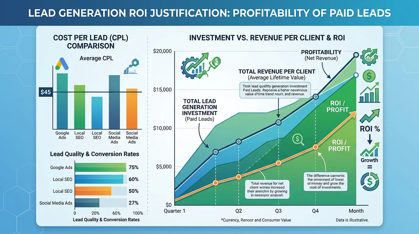 Cost per lead comparison showing lead generation investment versus revenue per client for service business