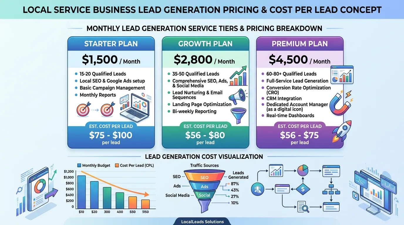 Lead generation cost showing monthly pricing tiers and cost per lead visualization for local service business
