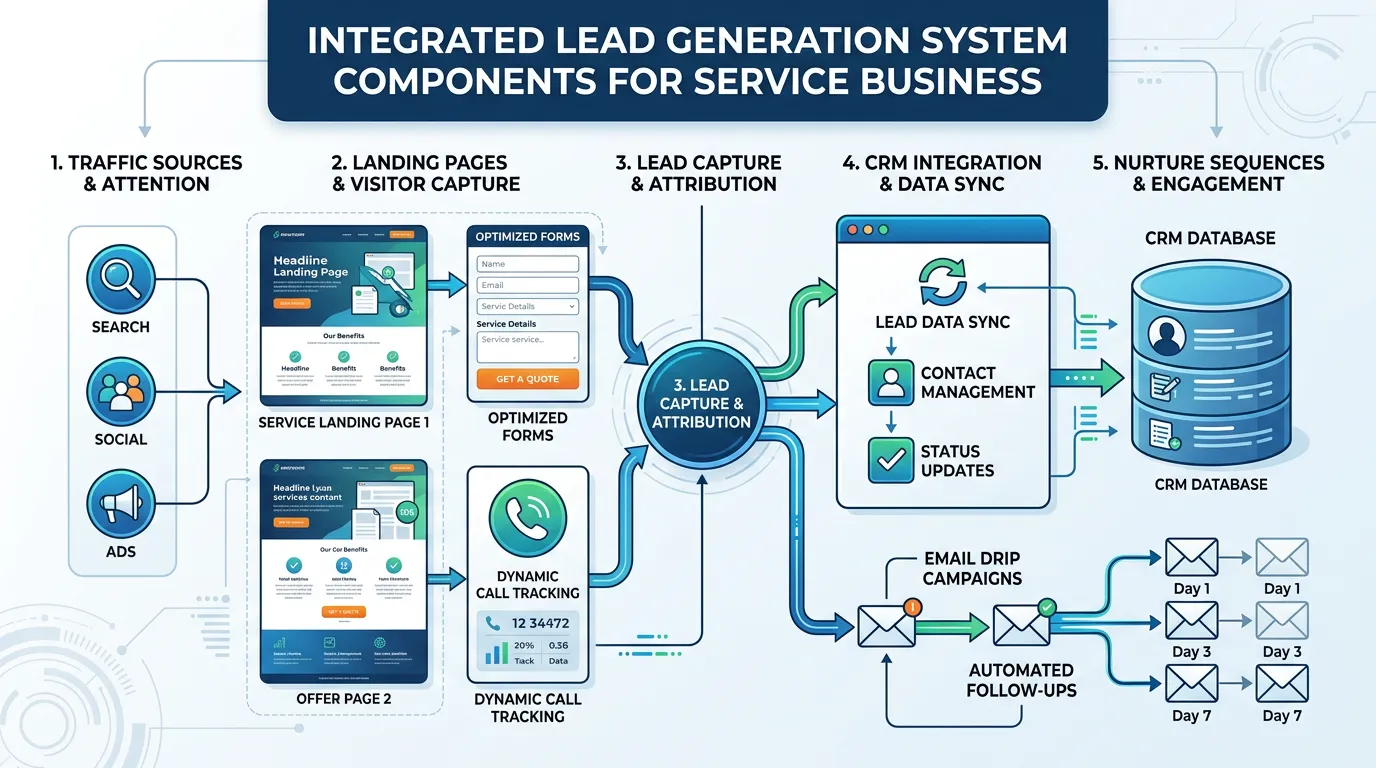 Lead generation system showing landing pages forms call tracking CRM integration and nurture sequences