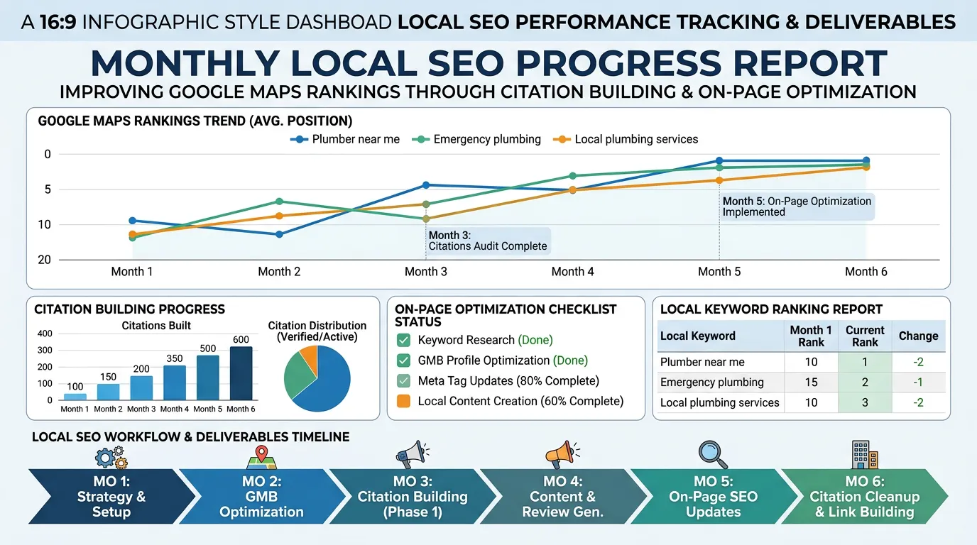 Local SEO deliverables showing Google Maps rankings improving over months with citation building and optimization