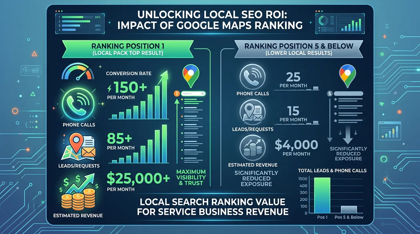 Local SEO ROI showing position 1 driving more phone calls and leads compared to position 5 in map pack