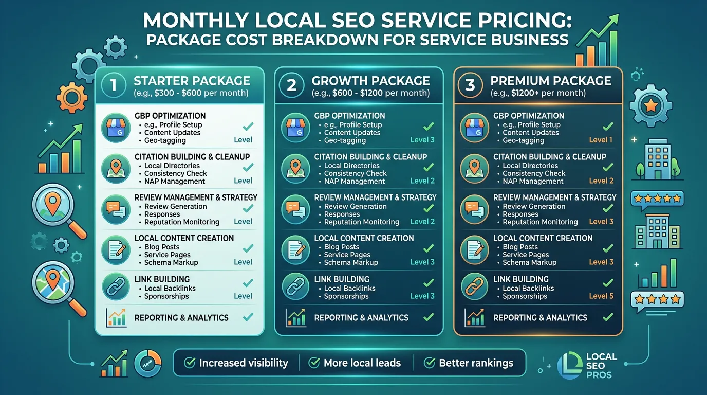 Local SEO cost showing monthly pricing including GBP optimization citation building and review management