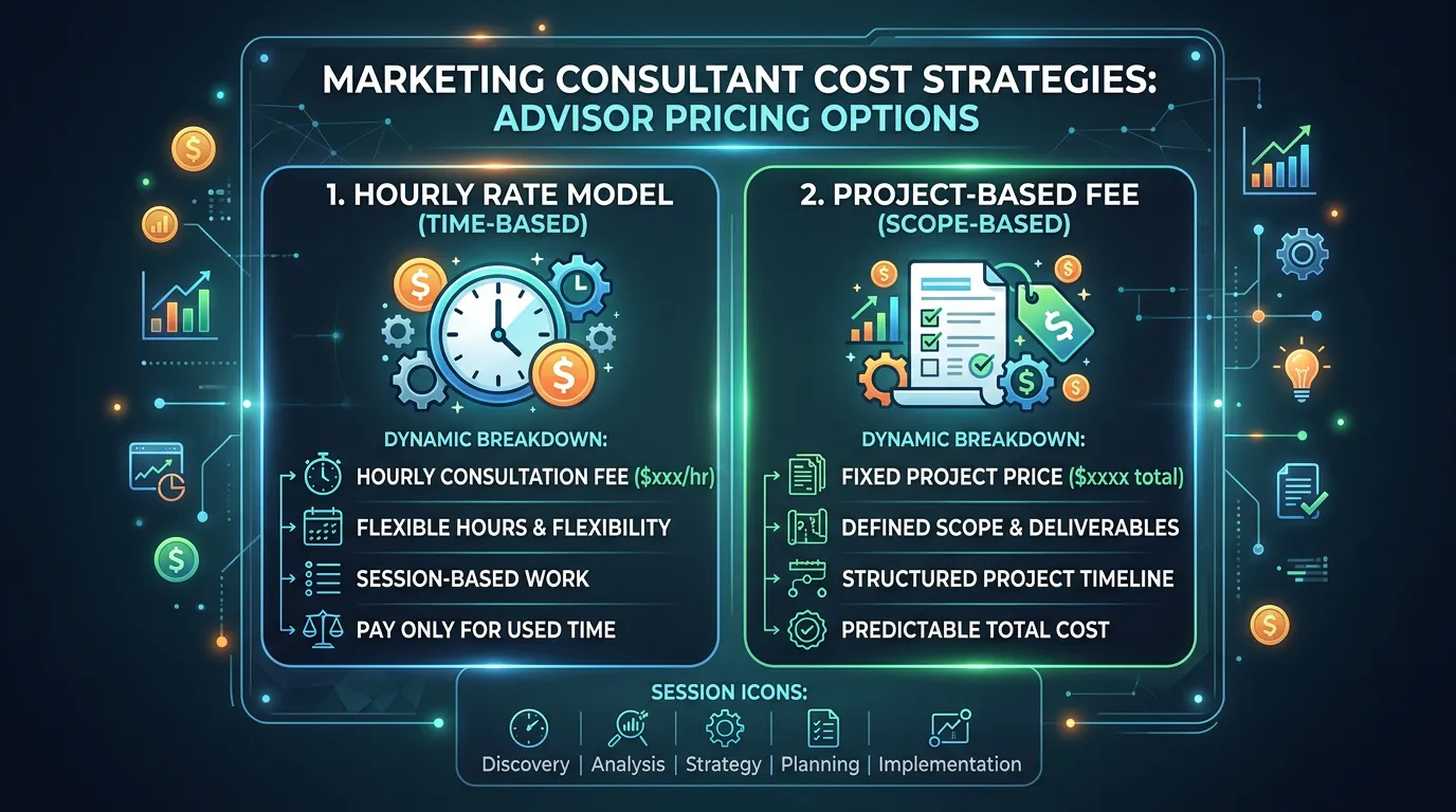 Marketing consultant cost concept showing hourly rate or project fee pricing for a business marketing advisor