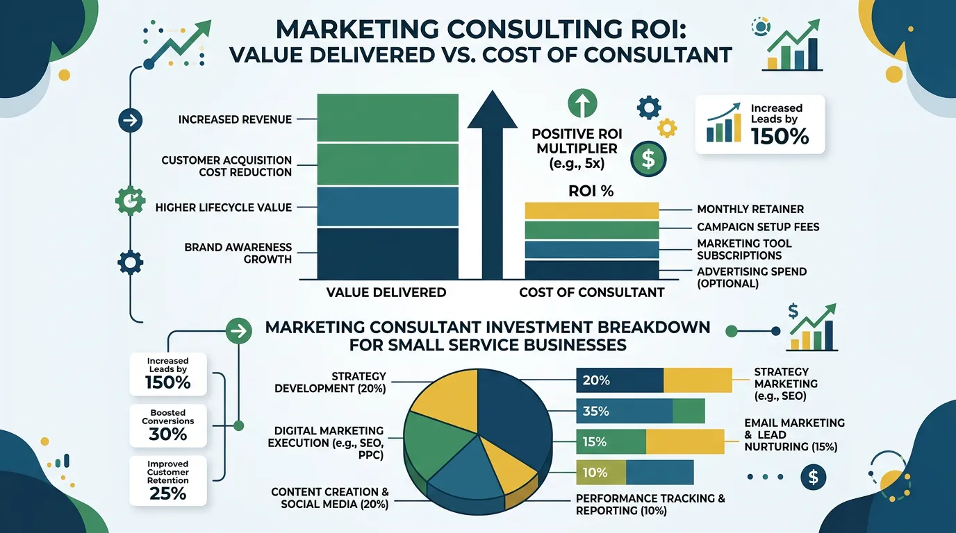 Marketing consulting ROI showing value delivered versus cost of consultant for small service businesses