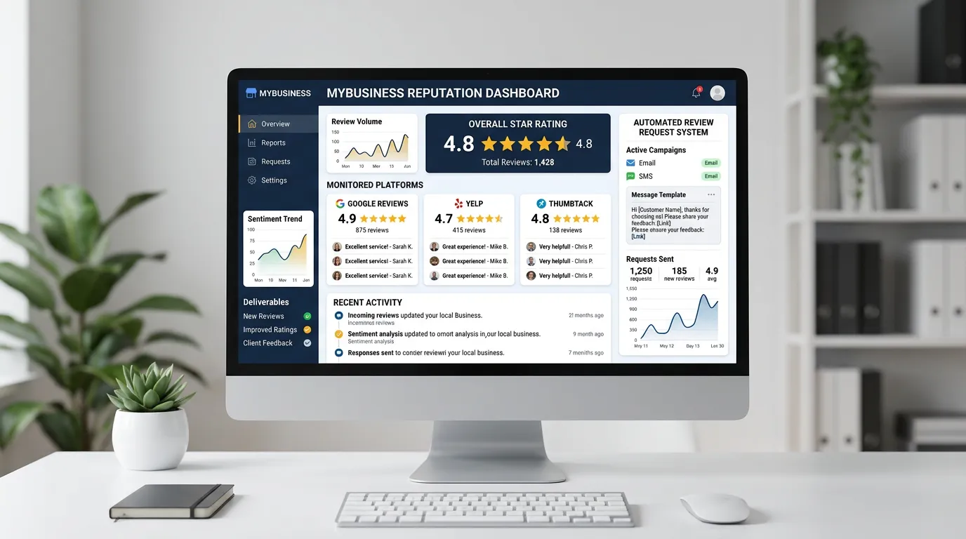 Online reputation dashboard showing Google reviews Yelp and all platforms monitored with 4.8 star average
