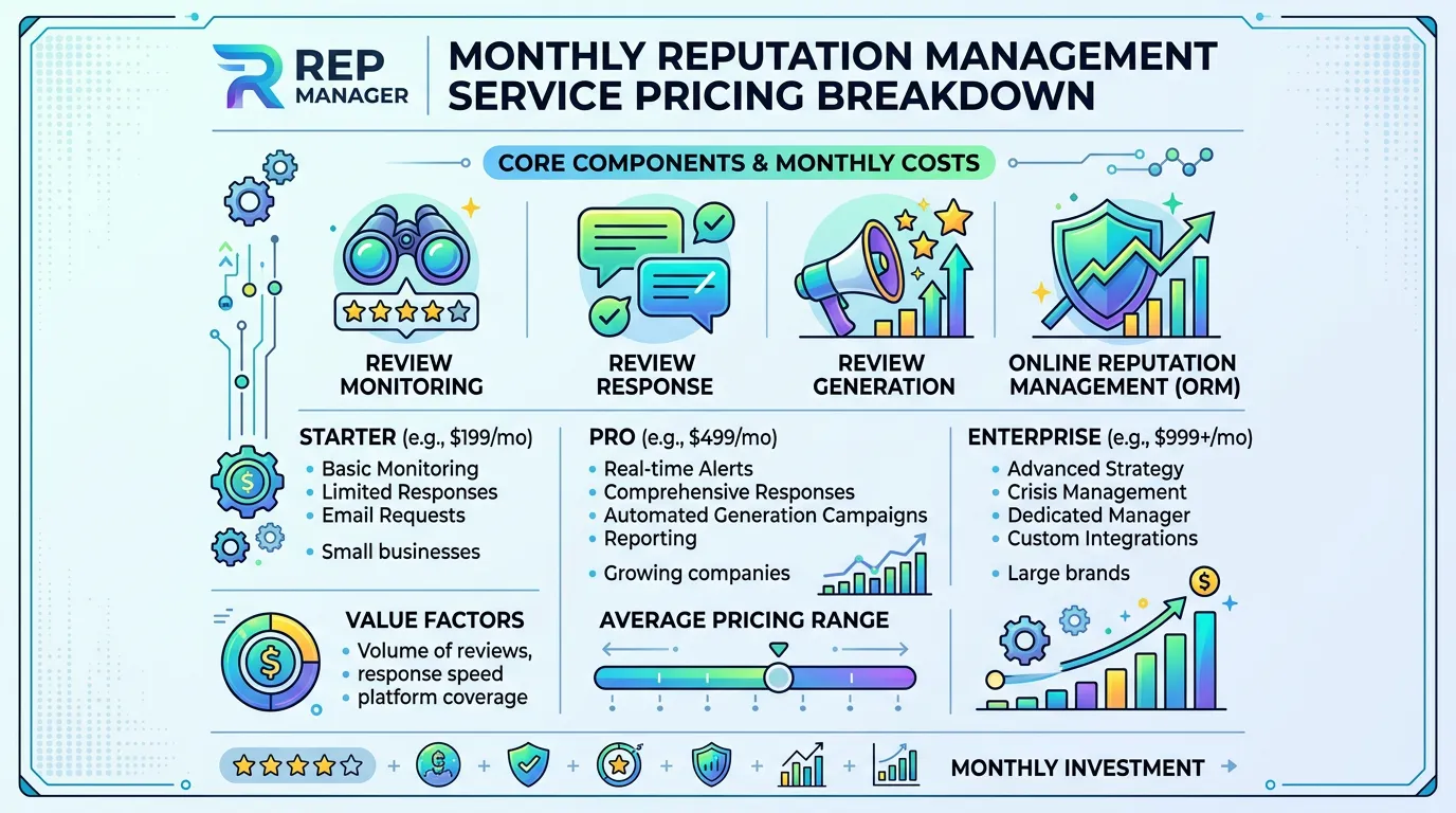 Reputation management cost showing monthly pricing including review monitoring response and generation