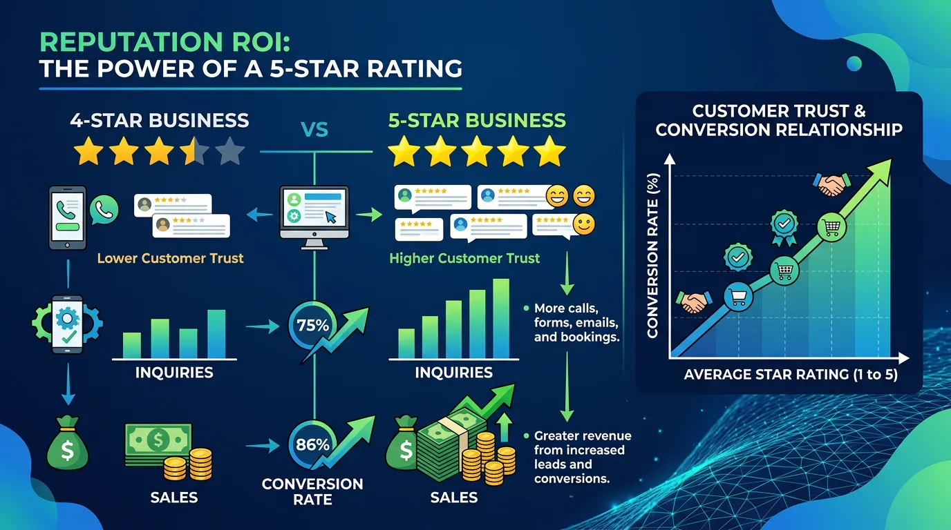 Reputation ROI showing higher star rating driving more inquiries and sales for local service business