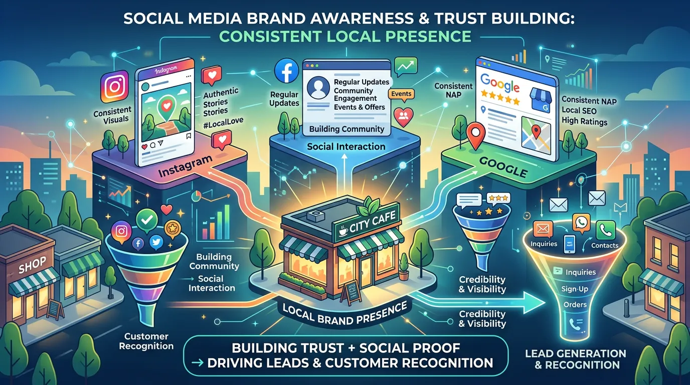 Social media brand awareness showing consistent presence across Instagram Facebook and Google driving recognition